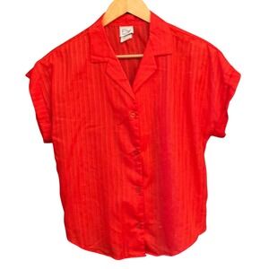 Vintage West Red Button Up Top Camp Collar Metallic Stripe Retro Shimmer 34